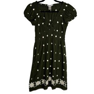100% Cotton Cottagecore Army Green Embroidered White Flower Puff Sleeve Dress Sm